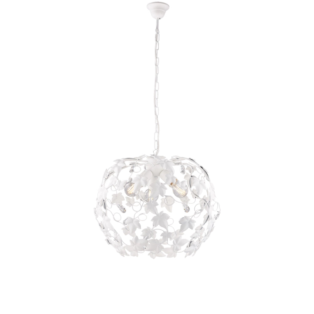 Lampadario Shabby Edera 3 Luci Ferro Battuto Bianco Con Foglie E Cristalli