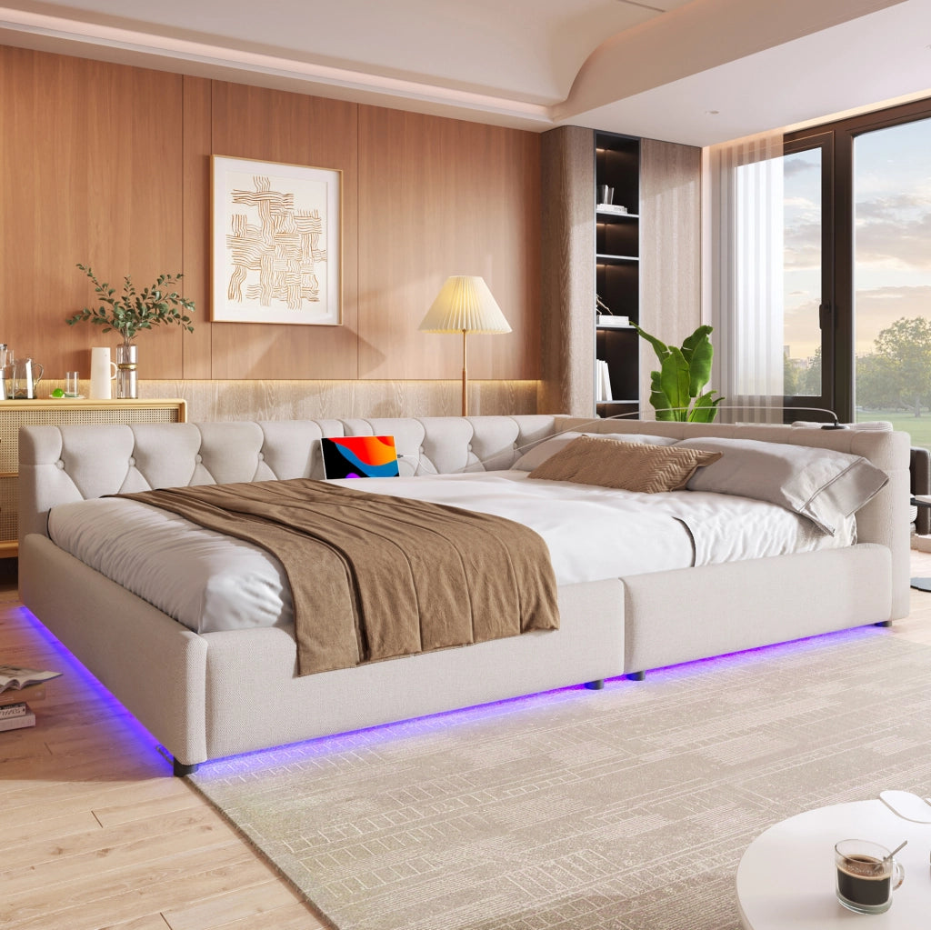 Letto matrimoniale 140x200 cm con LED; USB e Type-C; in lino beige