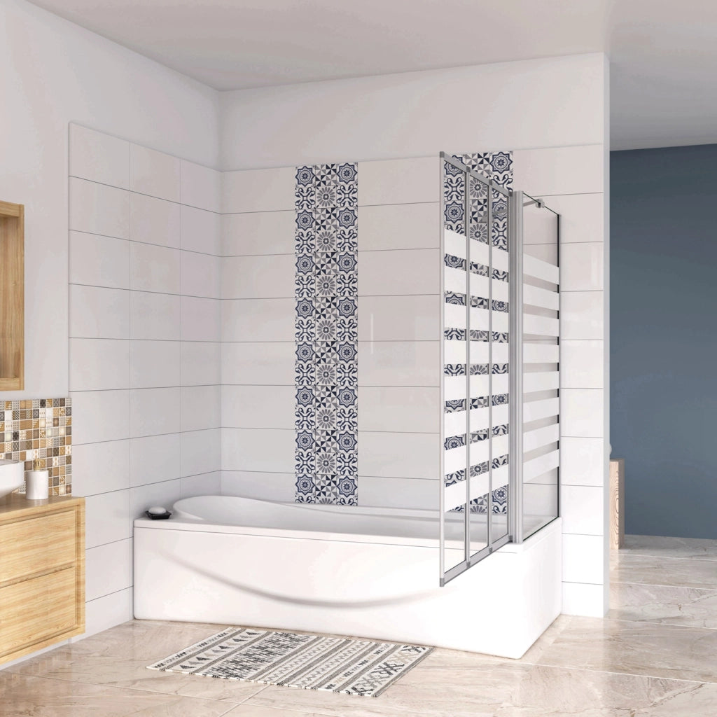 Sopravasca 130×140cm Vetro 4mm Temperato Bianco 3 Ante Pieghevoli a Libro con Lato Fisso 70x140 cm Profilo Argento Opaco Verso Destro
