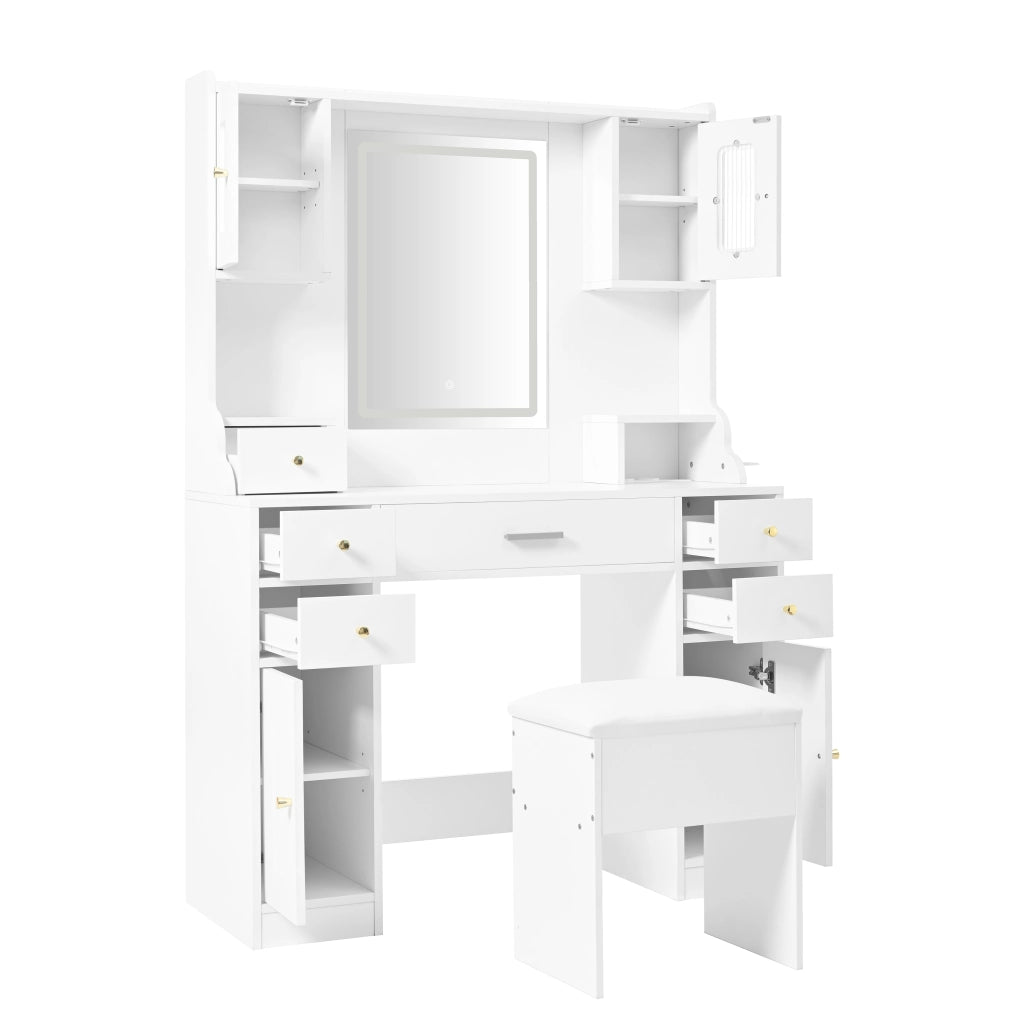 Toeletta con 6 cassetti e 4 ante; specchio LED - per camera da letto - bianco