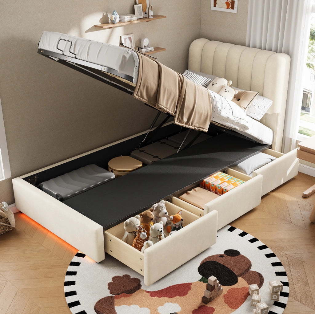 Letto imbottito per bambini 90x200 cm con contenitore, cassetti e LED