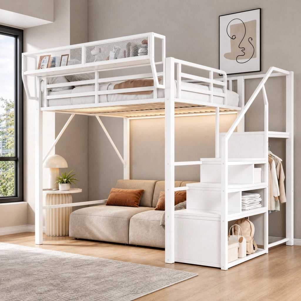LETTO a soppalco 140x200 cm in metallo bianco con LED