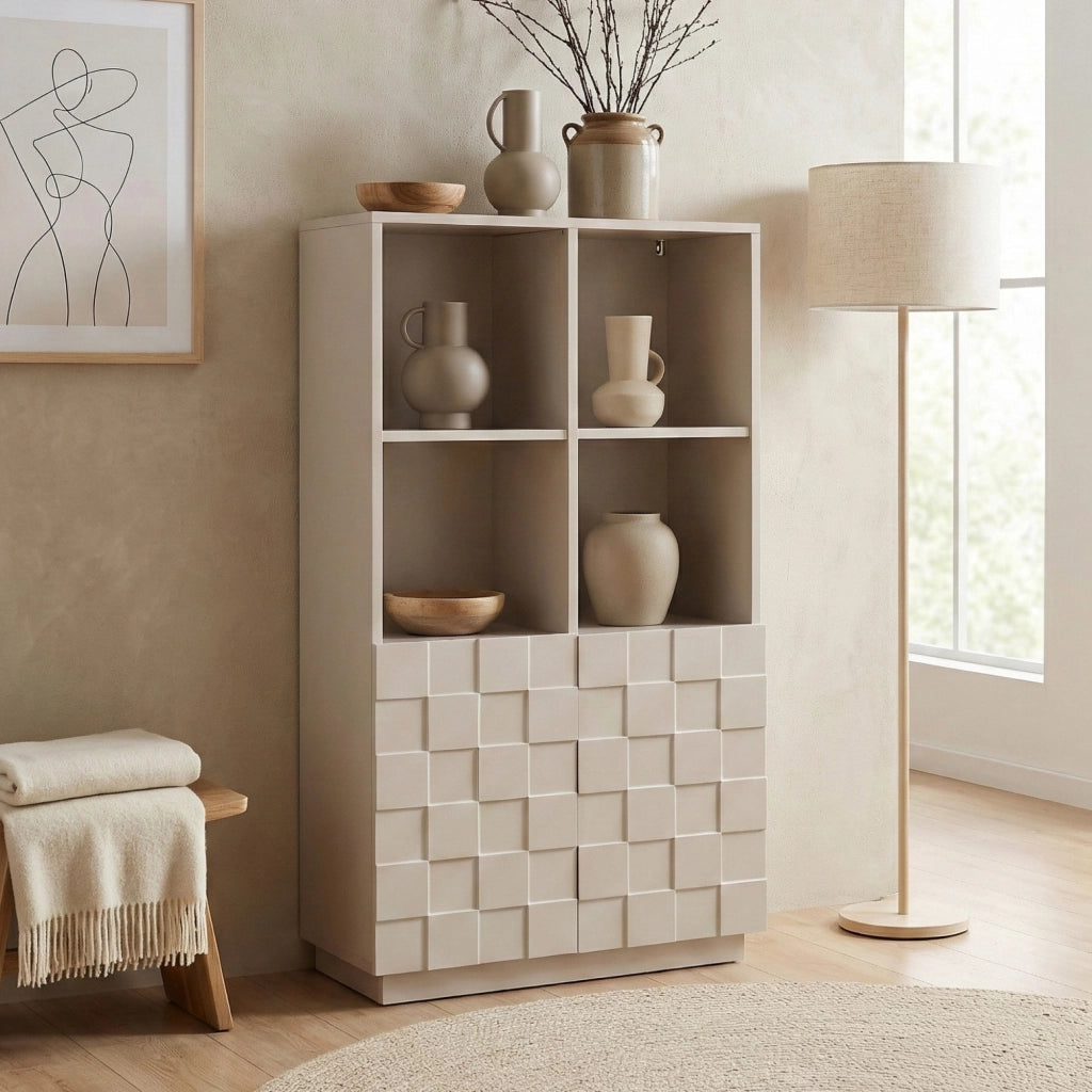 Armadio Comò Alto Bopibobro a 2 Ante Credenza con 4 Ripiani Aperti e 4 Vani Chiusi 118 x 64 x 30 cm - Beige [en.casa]
