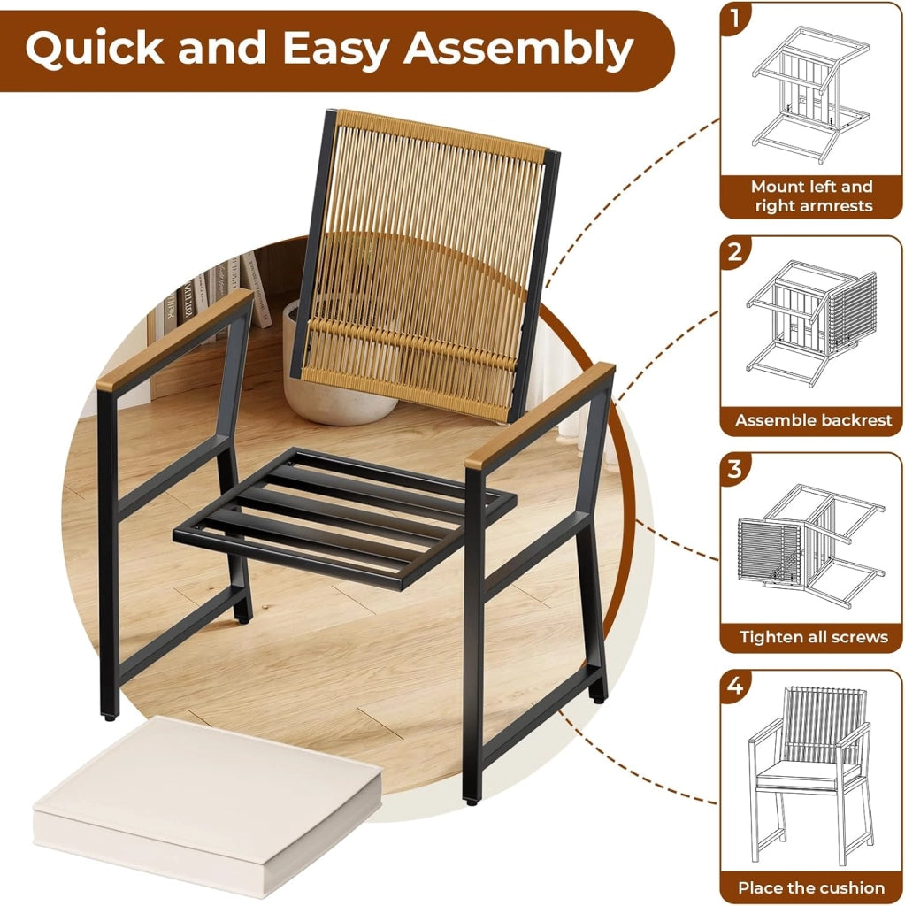 Set di 4 sedie da giardino in rattan, resistenti alle intemperie, con braccioli in WPC, sedie per esterni con cuscino rimovibile, sedie da pranzo in metallo, portata fino a 160 kg, per
