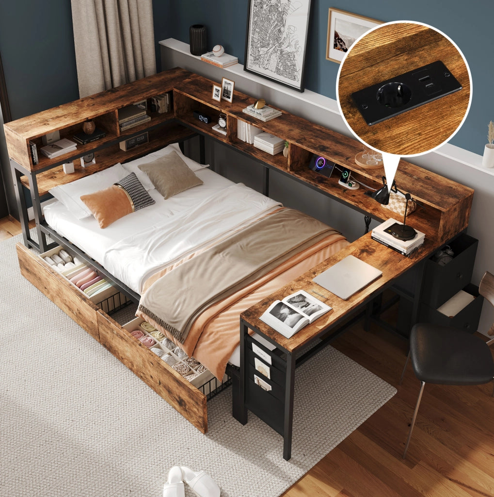 LETTO Singolo 120x200 cm Metallo e Legno Nero/Naturale con 2 Cassetti
