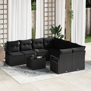 Set Divano da Giardino  9 pezzi con Cuscini Nero Polyrattan