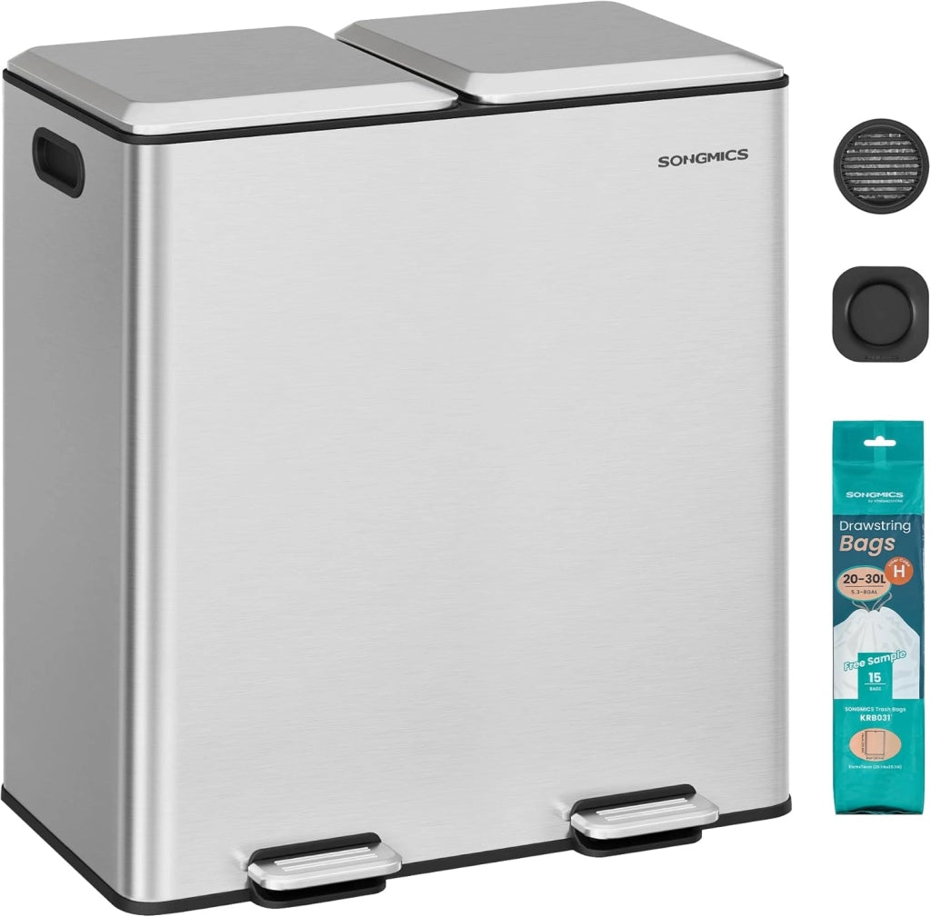 SONGMICS Cestino da Cucina, 2 x 30 L, 2 Scomparti per Raccolta Differenziata, con Coperchi a Chiusura Morbida e Secchi Interni Rimovibili, Pedali, Acciaio Inox, Argento Metallizzato LTB743E01