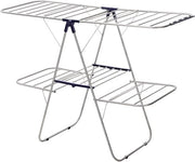 Scaffale per asciugare abbigliamento a 2 livelli con ali di altezza regolabile in acciaio inossidabile - Stabile e pieghevole - Blu - 156 x 61 x 113 cm