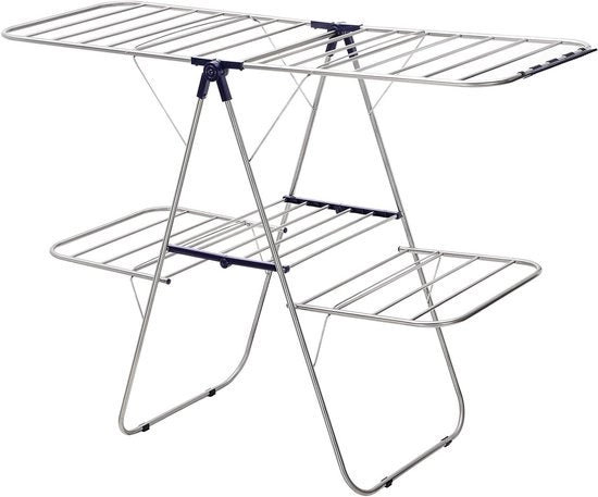 Scaffale per asciugare abbigliamento a 2 livelli con ali di altezza regolabile in acciaio inossidabile - Stabile e pieghevole - Blu - 156 x 61 x 113 cm
