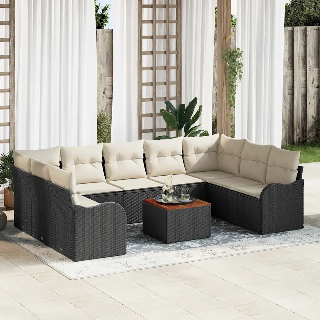 Set Divano da Giardino 10 pcs Nero e Crema polyrattan