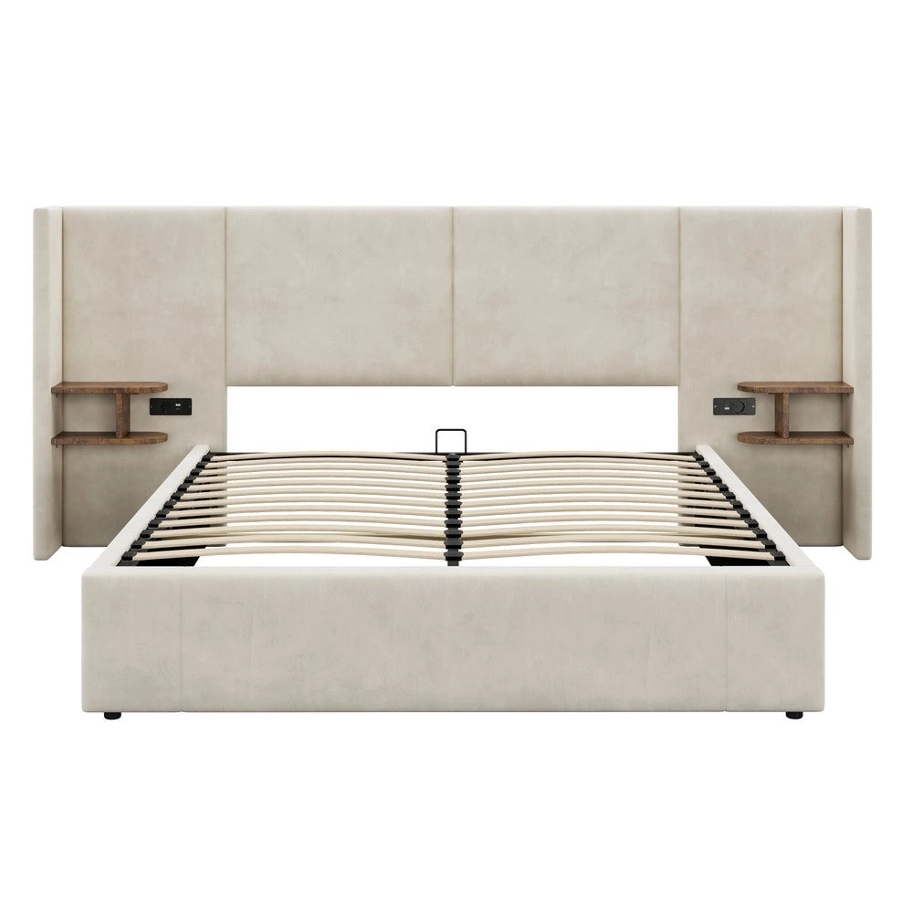 Letto Imbottito Contenitore 160x200 con Comodini ¨C MINIMAL ¨C Velluto Beige, USB, Doghe