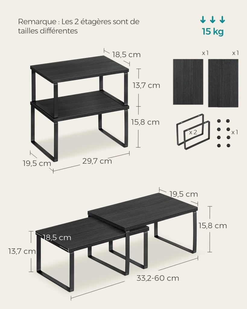 Porta spezie set di 2 organizer da cucina ripiani da banco ripiani impilabili in metallo e bambù per armadietti nero 12_0005823