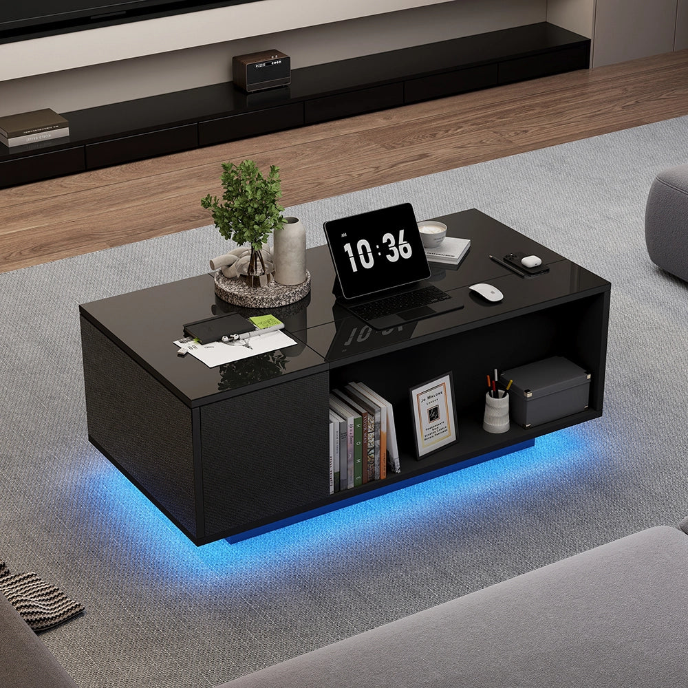 Tavolino-Xylo-100x50x40cm nero regolabile LED con tiroir