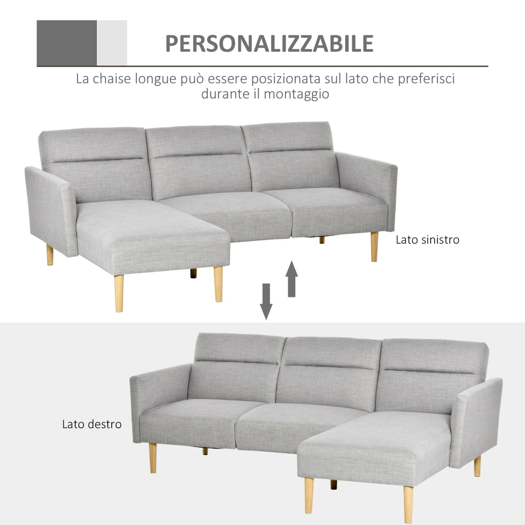 EasyComfort Divano Letto 3 Posti, Divano Angolare in Tessuto Grigio con Schienale Regolabile, Stile Scandinavo, 207x146x80cm