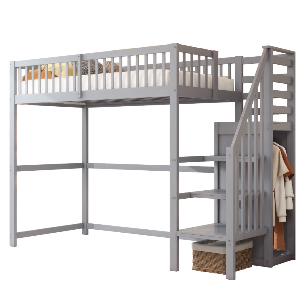 OKWISH Letto a soppalco 90×200 cm, Letto Singolo con Scala, Mensole e Armadio, senza Materasso, in Legno, Grigio