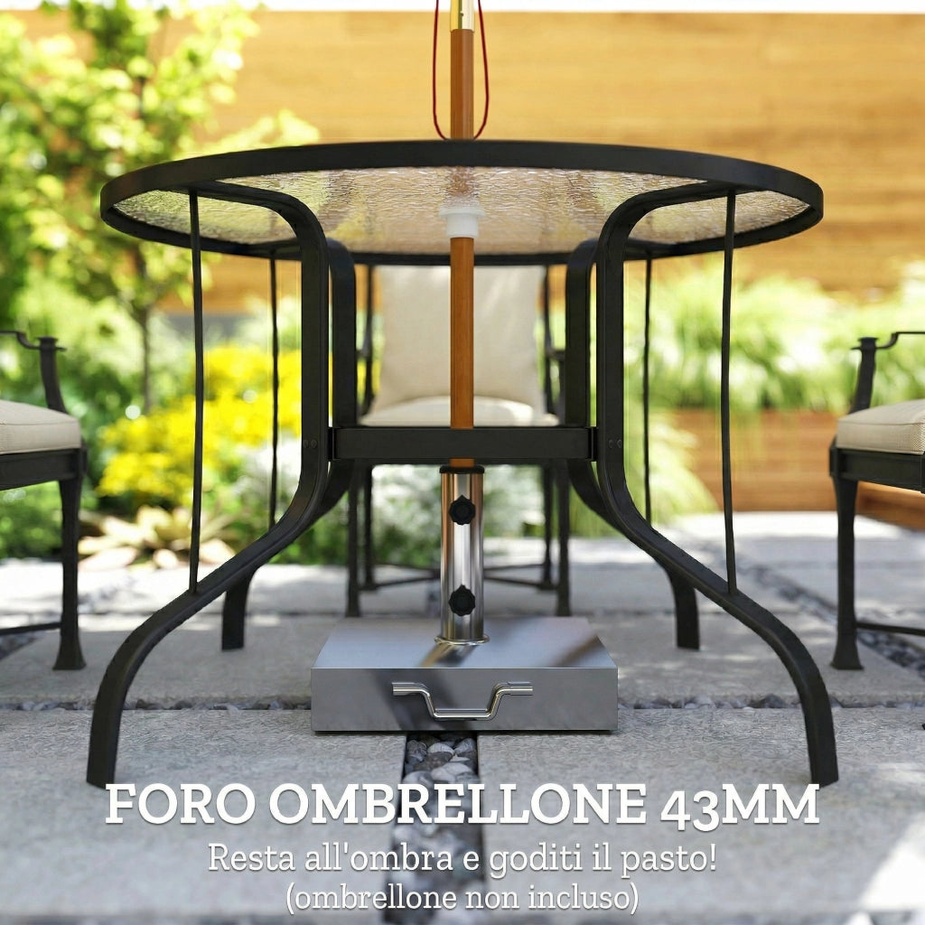 Tavolino da Giardino Rotondo con Foro per Ombrellone, in Metallo e Vetro Temperato, ?96.5x71 cm, Nero