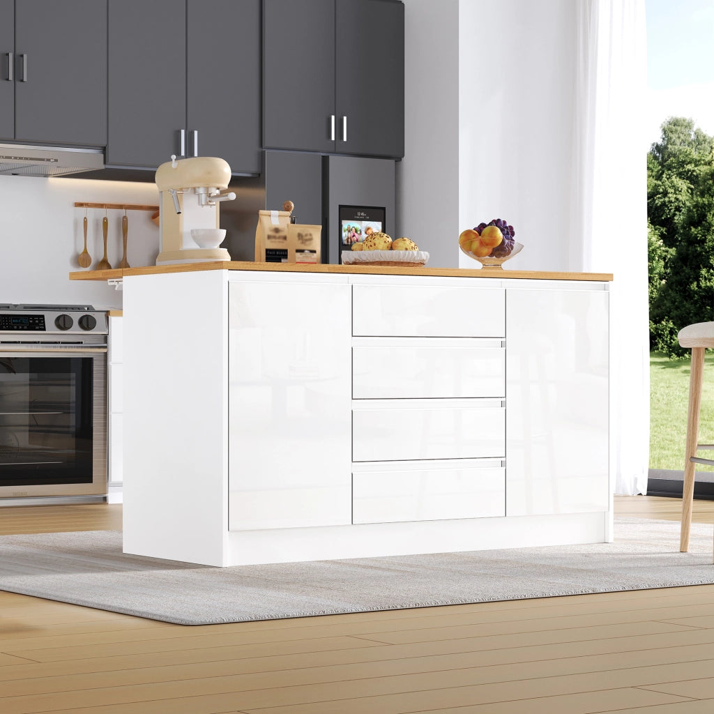 Isola Cucina con Piano Allungabile ¨C MINIMAL ¨C Bianco, 4 Cassetti, 2 Ante, 140 cm