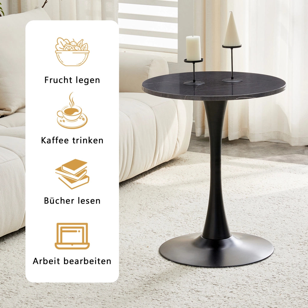 Tavolo da pranzo rotondo con base centrale in MDF effetto marmo nero e piedini antiscivolo diametro 60 cm