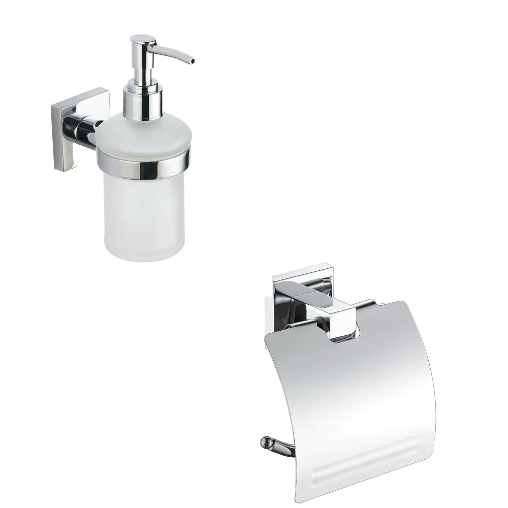Set da bagno 2 accessori cromato: dispenser sapone, copri rotolo | Wash