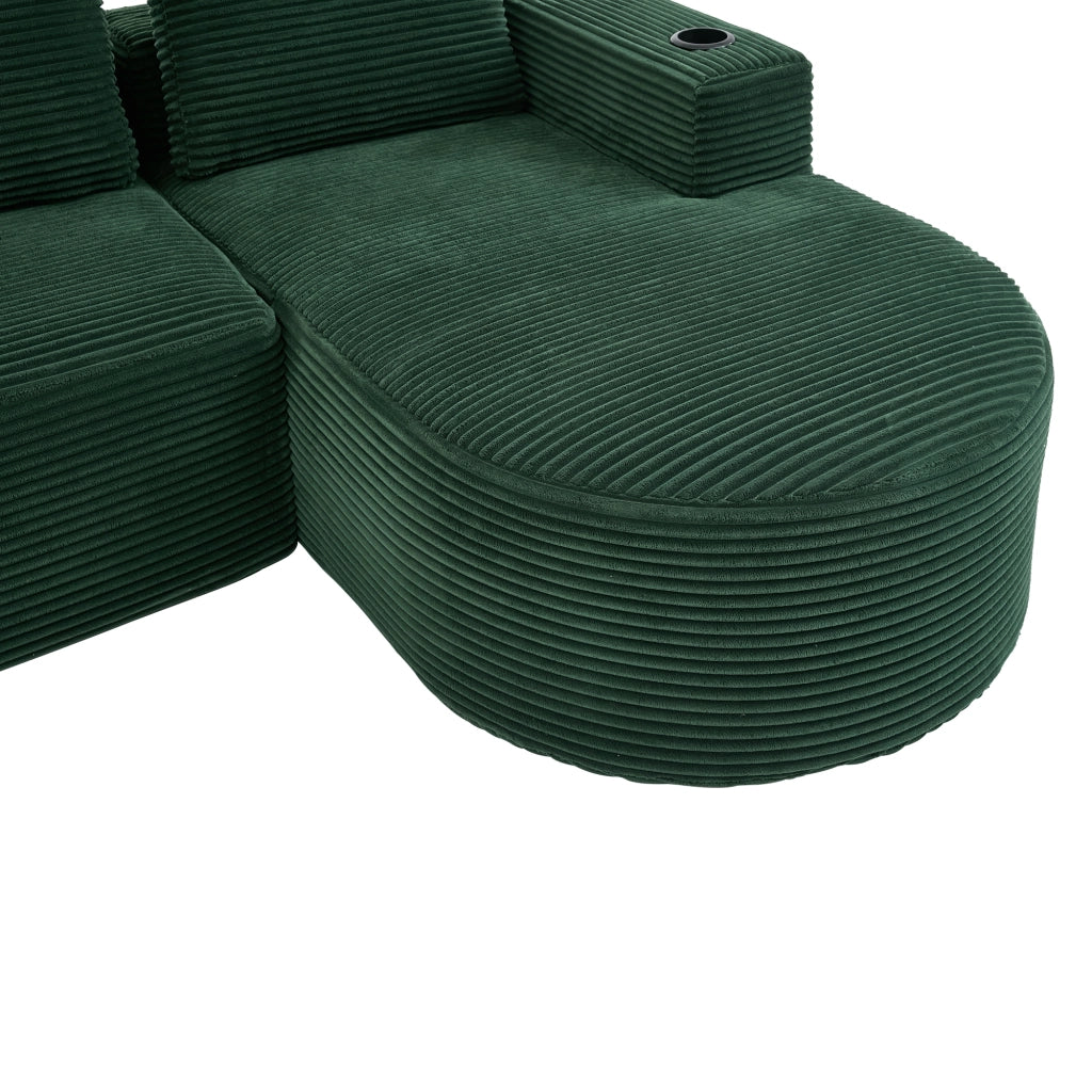 Divano dritto a 2 posti con tre cuscini e doppi portabicchieri per piccoli spazi in poliestere verde retro
