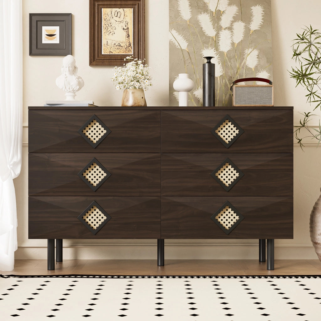 Toeletta con 6 Cassetti e Maniglie in Rattan; 2 Passacavi; Gambe in Metallo; Stile Moderno; Noce; 120??40??74 cm
