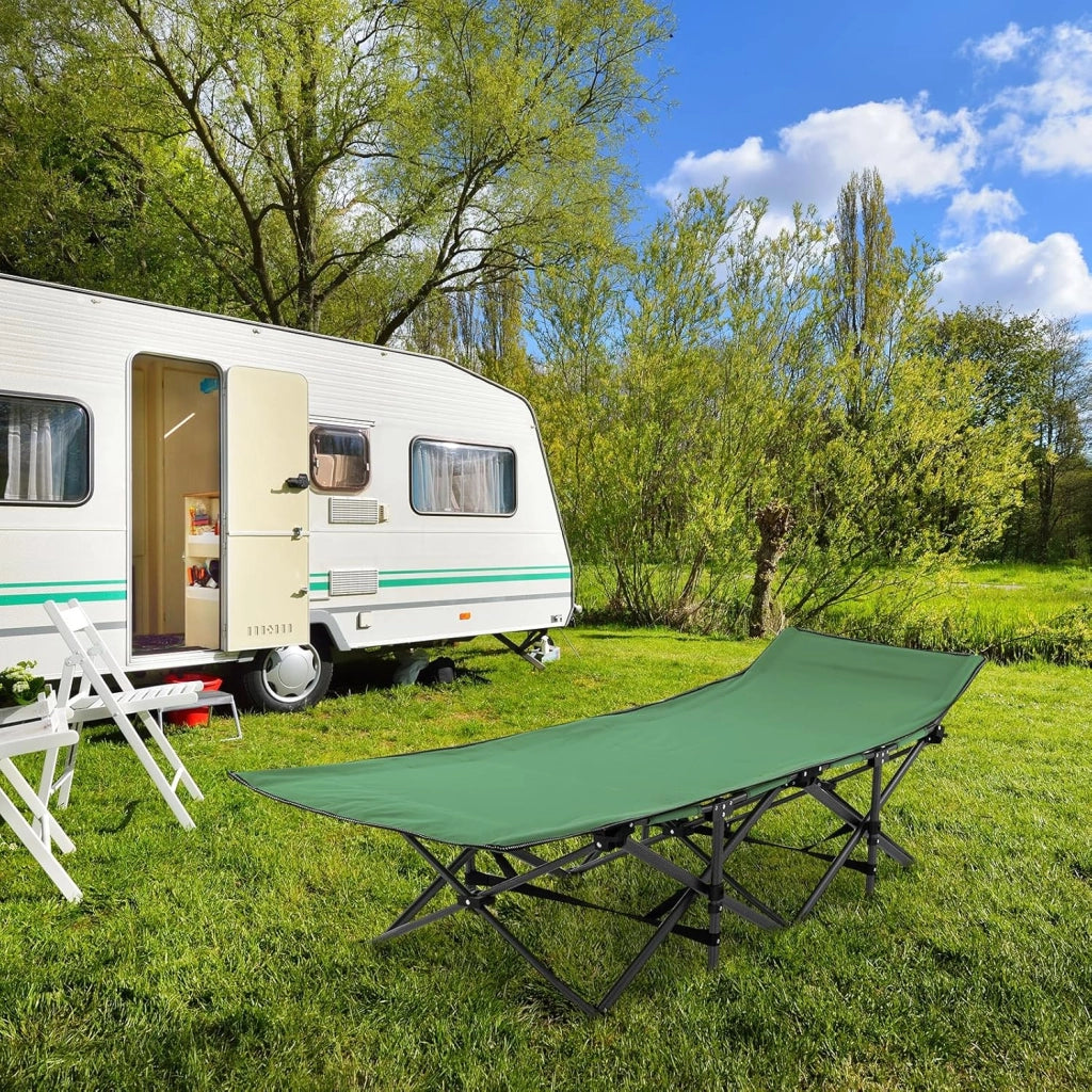 SOARS Lettino pieghevole da campeggio con tasca laterale e borsa per il trasporto, stabile letto per gli ospiti fino a 272 kg, sedia da giardino in tubo di metallo e tessuto Oxford, lettino relax per