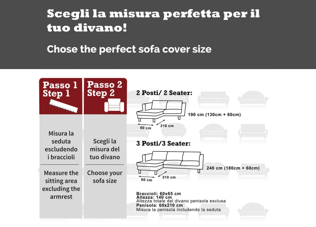 Copridivano Per Divani Con Penisola Modello Vischio Colore Grigio - 190 cm - Grigio