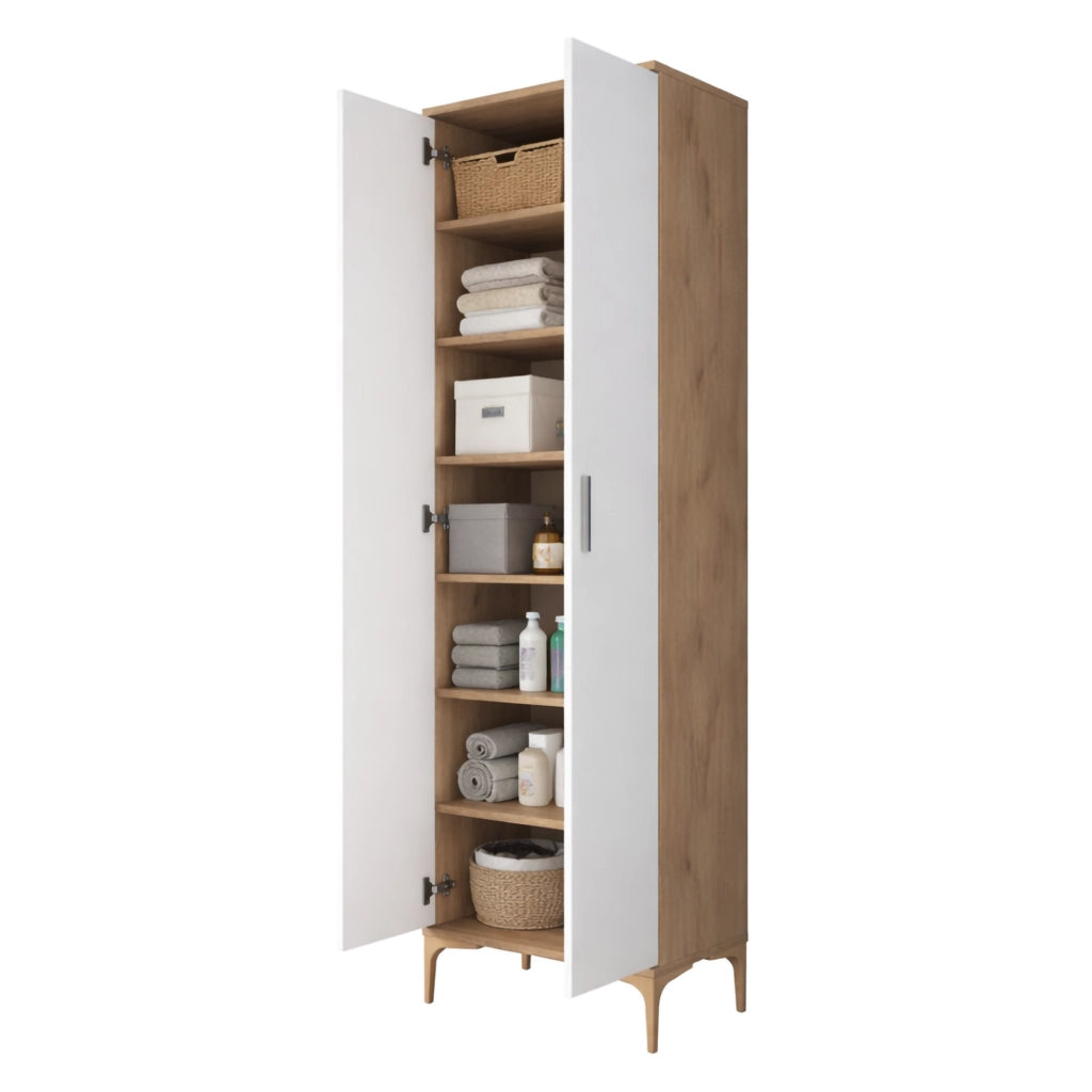 Garbagna, Armadio Multiuso 2 Ante 7 Ripiani, 60x199h cm Marrone Rovere
