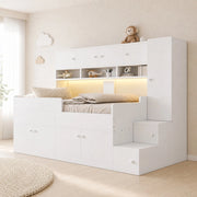 Letto a soppalco 90 × 200 cm con scala contenitore armadio LED e barriera in legno bianco