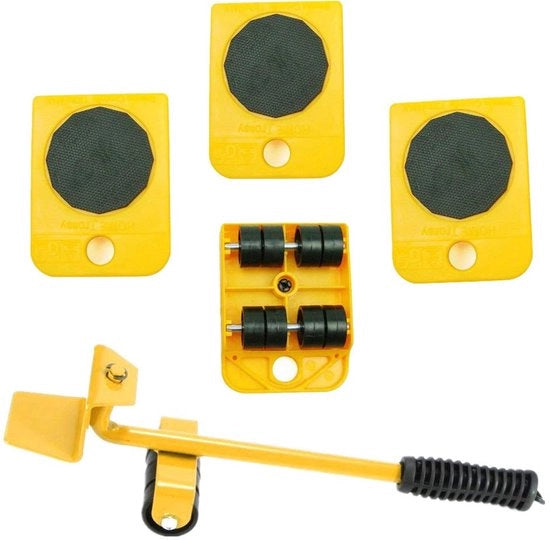 Kit di sollevamento per mobili, Apparecchio pesante, Kit di attrezzi per sollevamento di mobili e apparecchiature, 1 leva e 4 ruote di trasporto per mobili, 1 set, Giallo, 1