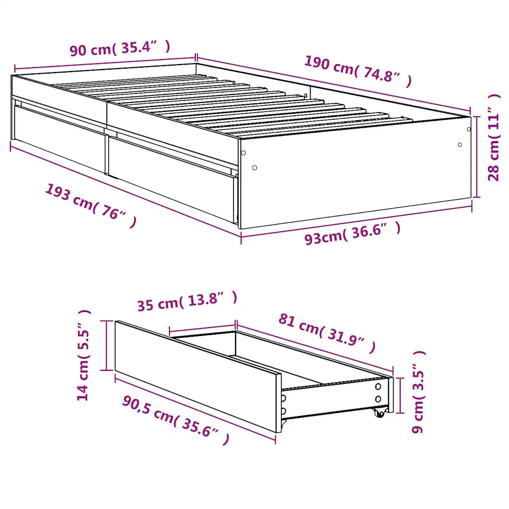 Giroletto con Cassetti Rovere Fumo 90x190 cm Legno Multistrato