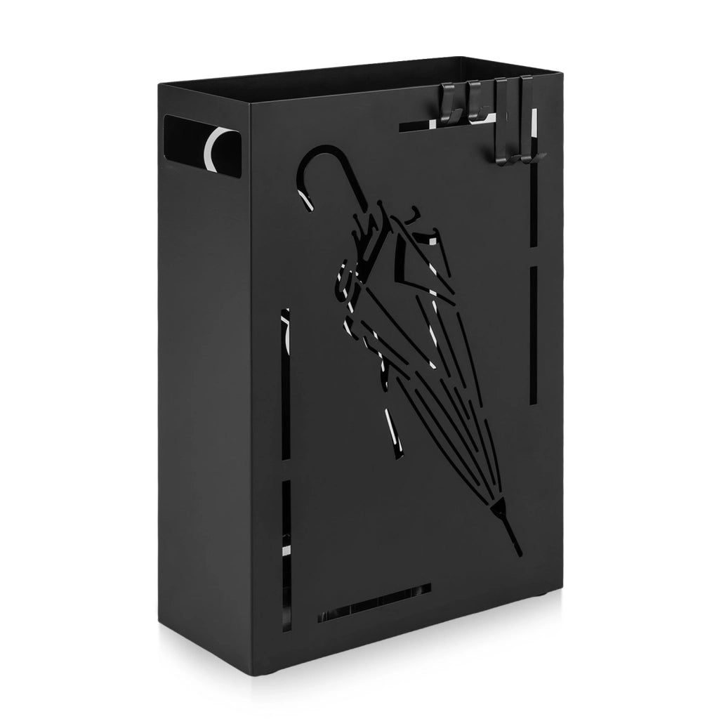 Portaombrelli rettangolare stretto in metallo 28 x 12 x 41 cm, Porta ombrelli da ingresso con 4 ganci e vassoio di raccolta rimovibile