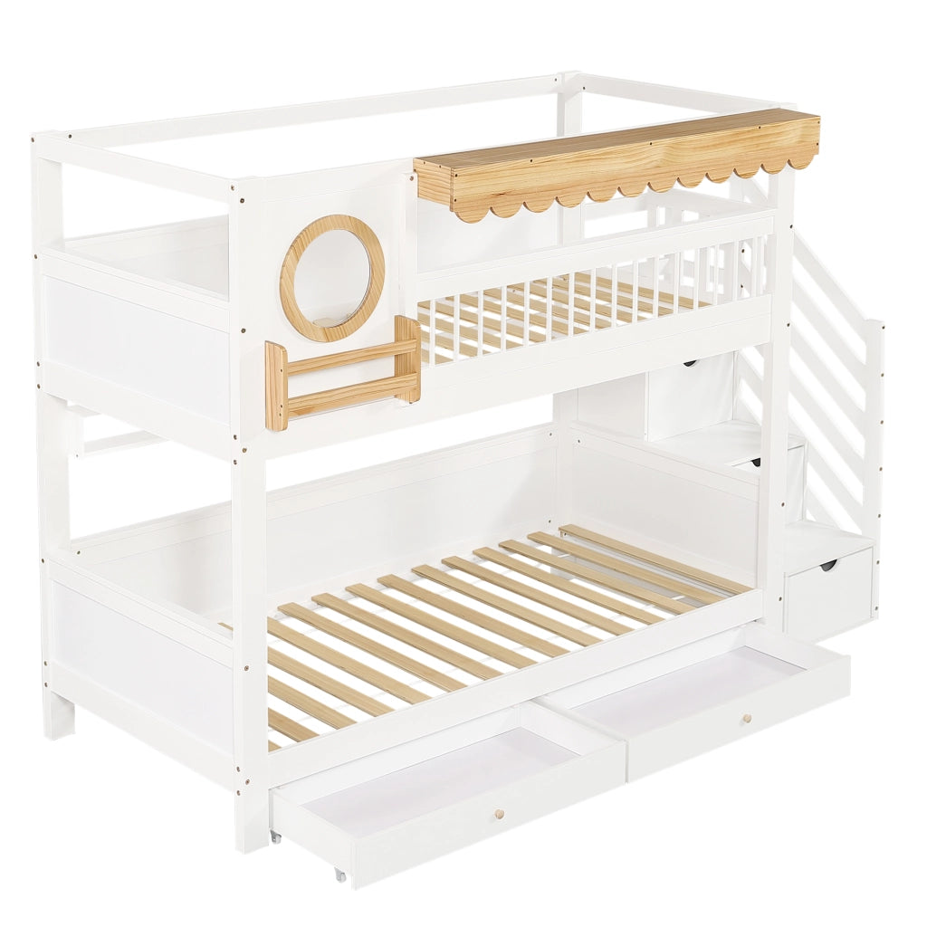 Letto a Castello 90x200 cm con Scala Contenitore; 2 Cassetti e Sponda in Legno