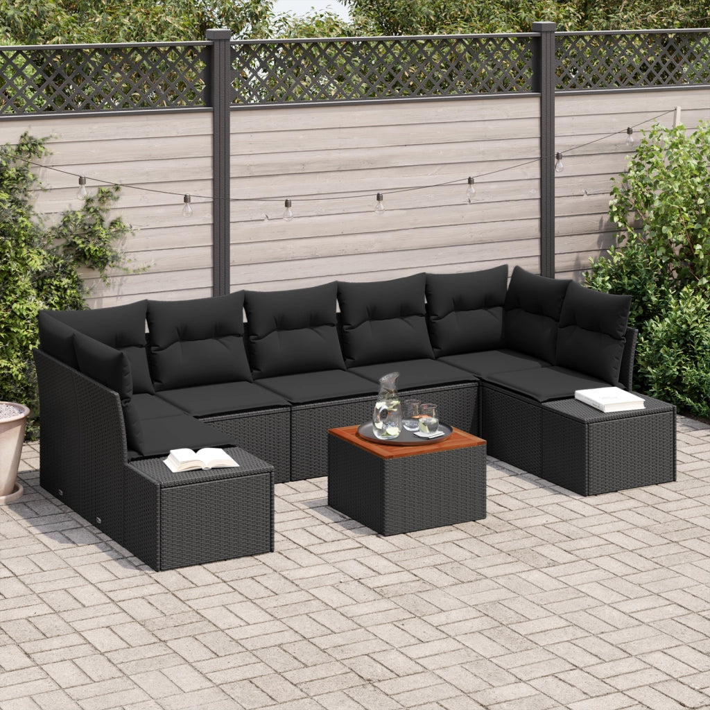 Set di Divani da Giardino 8 Pezzi con Cuscini Nero Rattan Sintetico Acacia