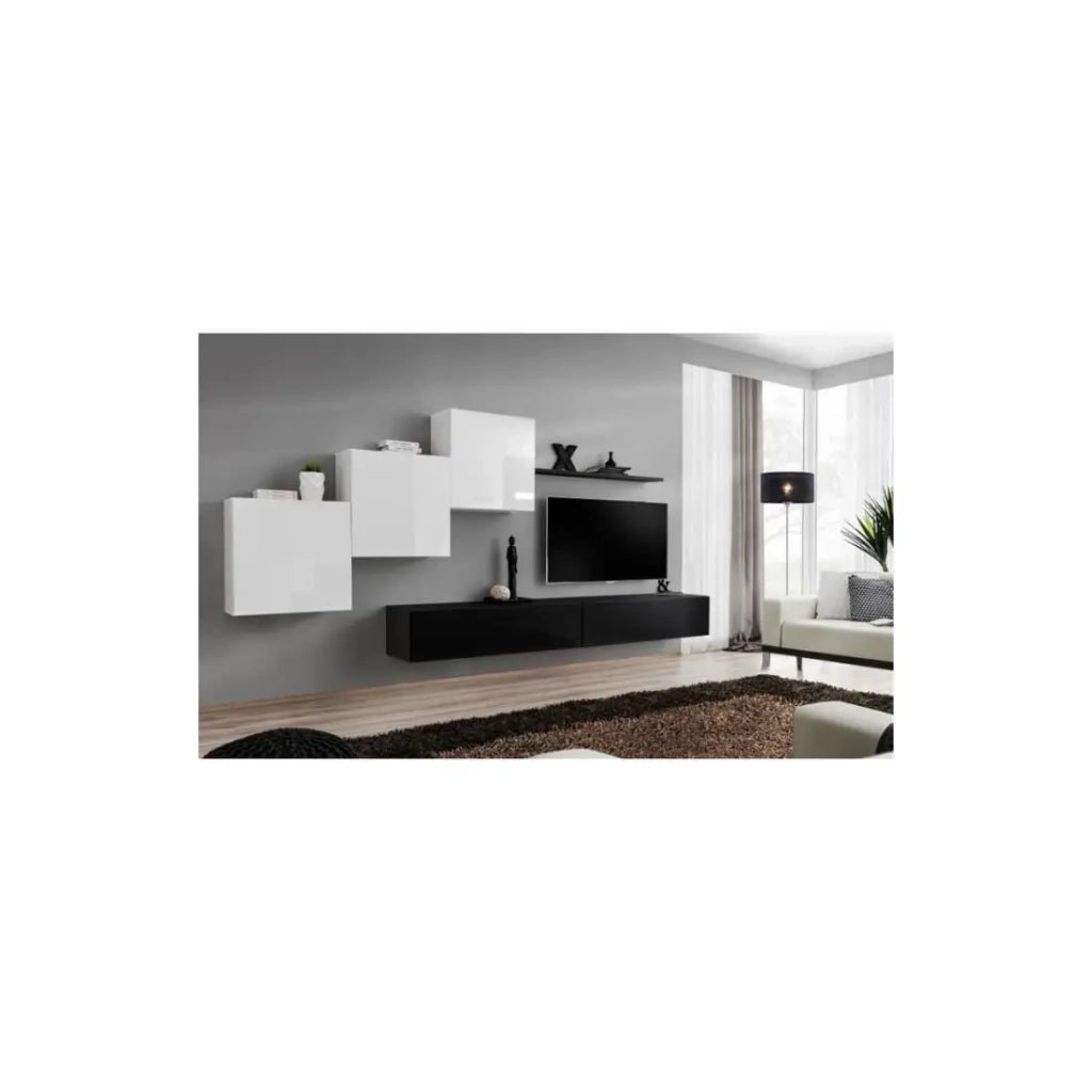 Set mobile da salotto murale SWITCH X design, colori nero e bianco lucido.