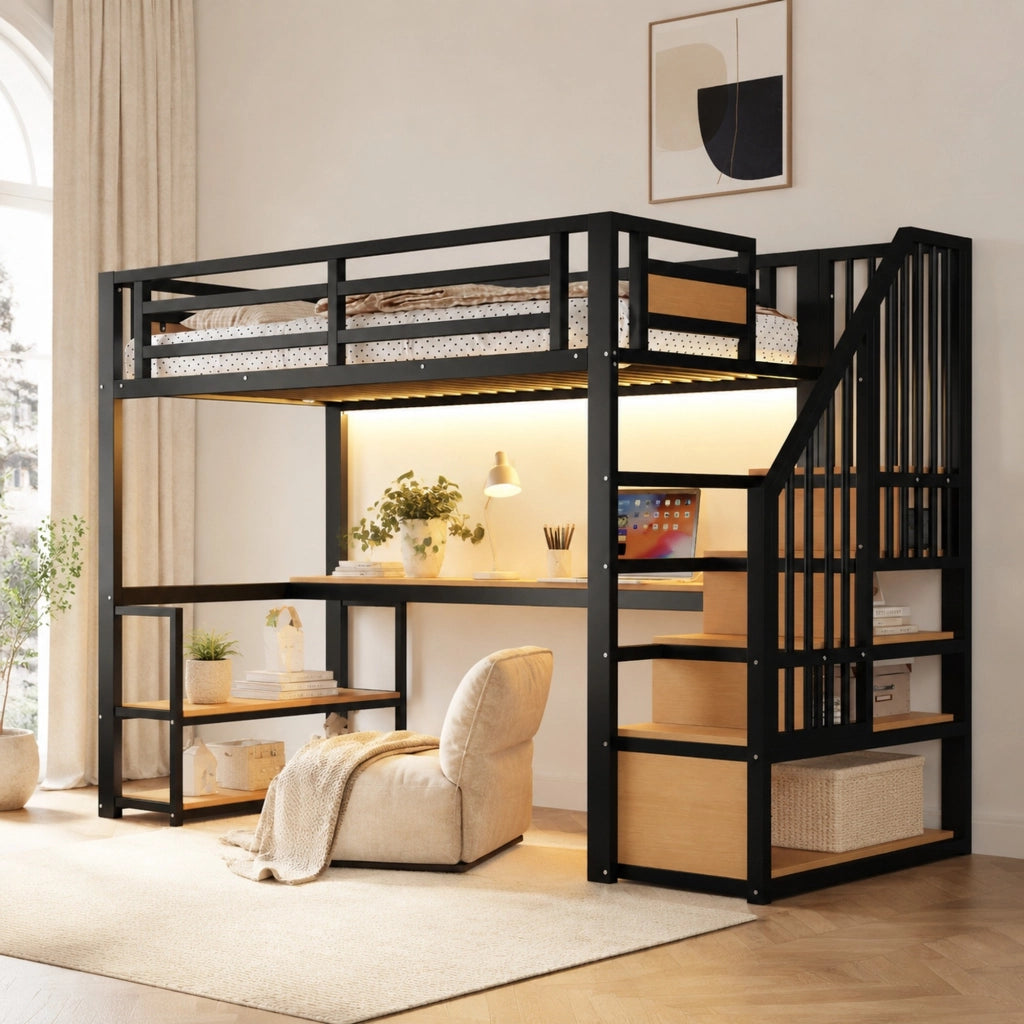 Letto a soppalco in metallo 90x200 cm nero con scrivania