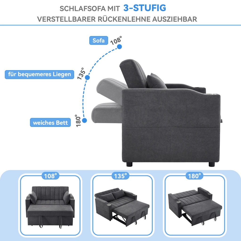 Divano Letto 2 Posti con Schienale Regolabile; Portabicchieri e Tasche Laterali; in Lino di Cotone; Grigio