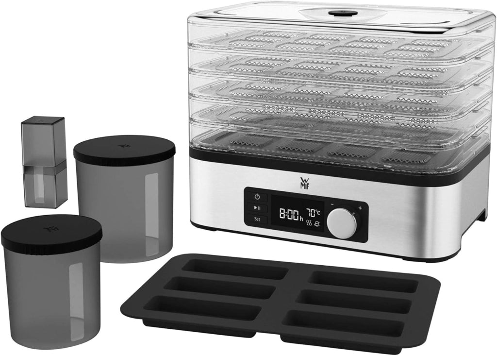 WMF KitchenMinis Essiccatore Compatto Snack to Go, in Acciaio Cromargan con 5 Griglie di Essicazione in Tritan, Sistema Silenzioso, Essicatore con Display LCD e Timer Programmabile, Dim. 28 x19x21 cm