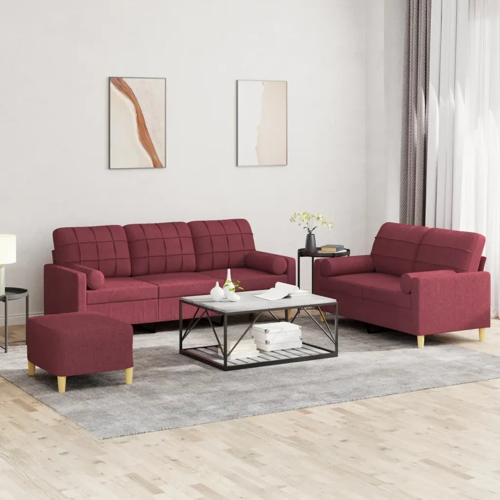 Set di Divani 3 pz con Cuscini Rosso Vino in Tessuto