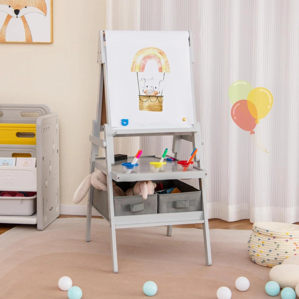 3 in 1 Cavalletto per Bambini, Cavalletto con Doppia Faccia Magnetica e Lavagna Bianca, Rotolo di Carta, 3 Bicchieri per Vernice e 2 Ceste in Tessuto, per Bambini 3-6 Anni (Grigio)