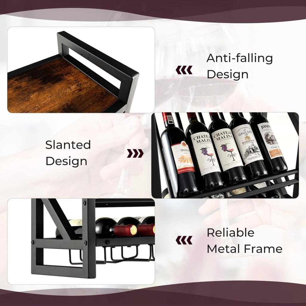 Scaffale Per Vino a Parete Con Supporto In Vetro, Per 10 Bottiglie Di Vino e 12 Bicchieri Da Vino, Mensola Da Parete, Scaffalatura Da Parete Industriale Sospesa, 51 x 26,5 x60,5 cm