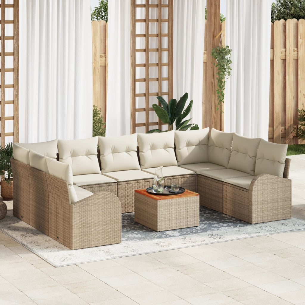 Set divano da giardino di 10 pezzi con cuscini beige polyrattan acacia