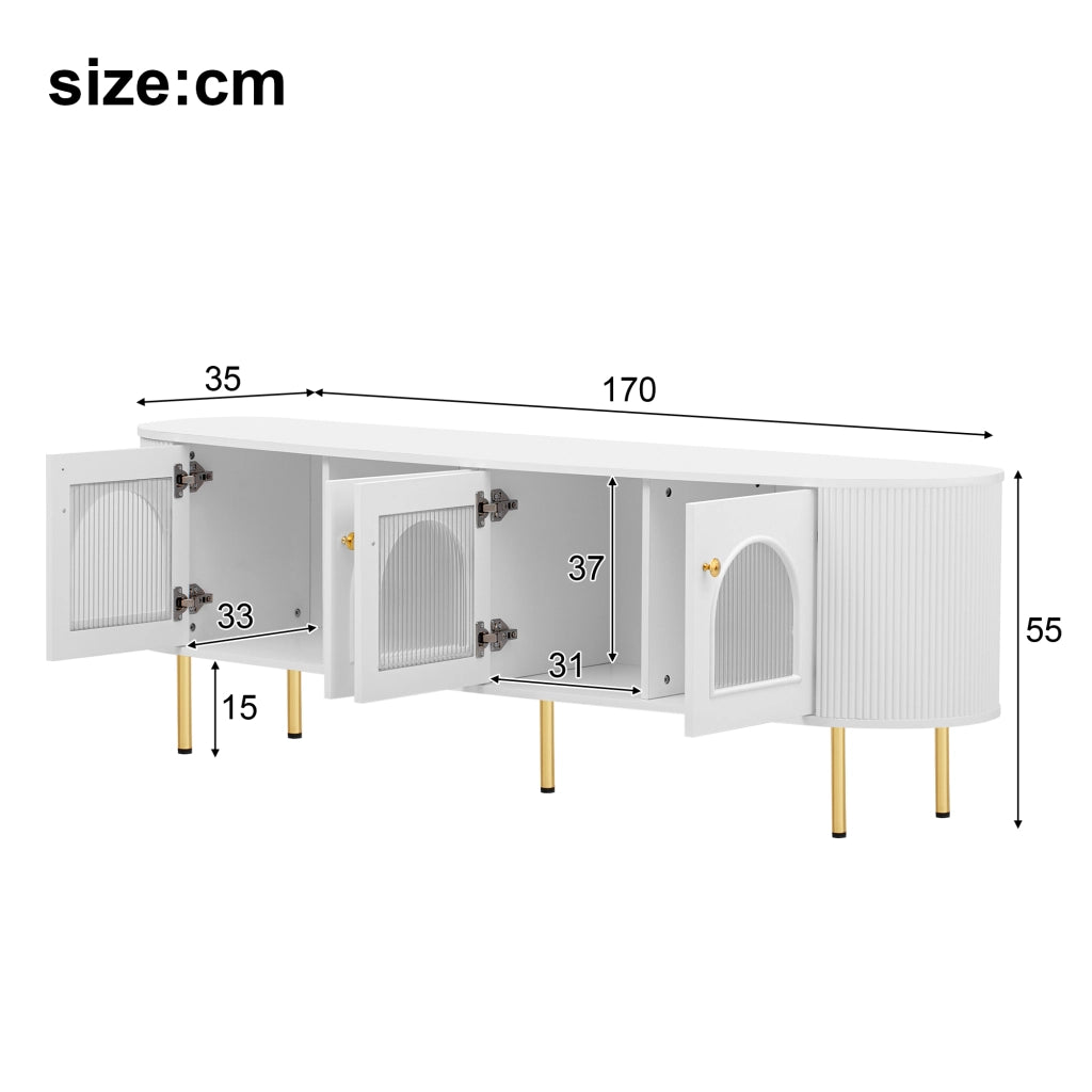 Mobile TV 170x35x55 cm; ante in vetro e passacavi; MDF bianco oro