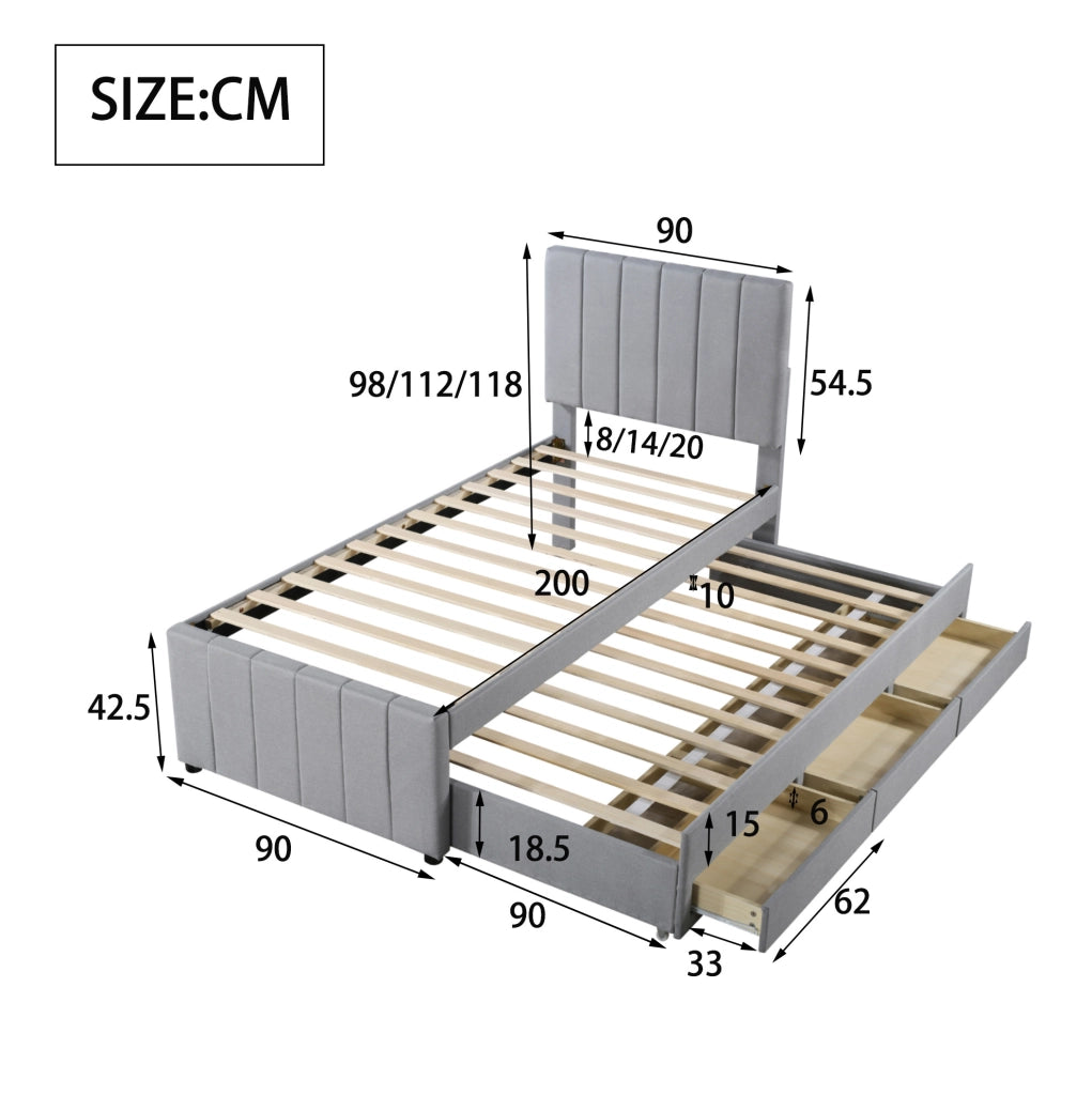 Letto imbottito grigio 90x200 cm con letto estraibile e 3 cassetti
