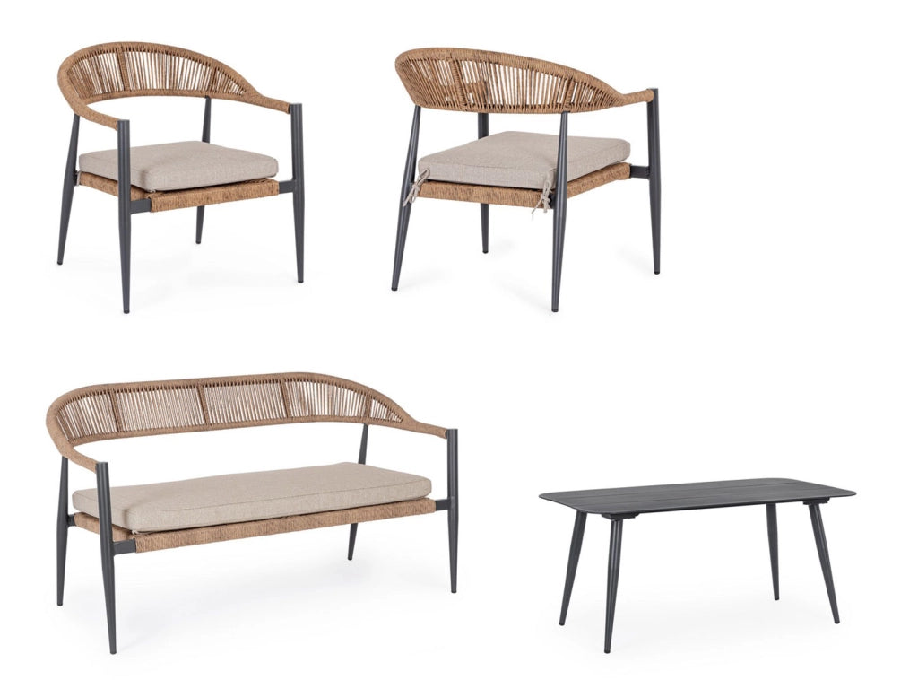 Set 4 Pezzi Salotto da Giardino con Divano 2 Poltrone e Tavolino in Alluminio e Fibra Sintetica Jandia Antracite e