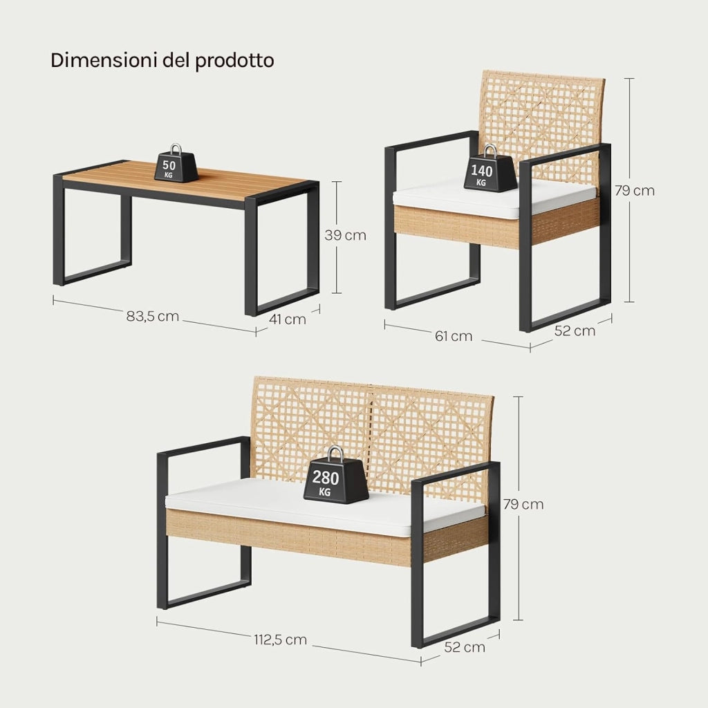 Set di Mobili da Esterno, Tavolo, Divano a 2 Posti e 2 Poltrone con Cuscini Rimovibili, Salotto da Giardino, Resistente alle Intemperie, per Terrazza, Balcone, Colore Legno Naturale