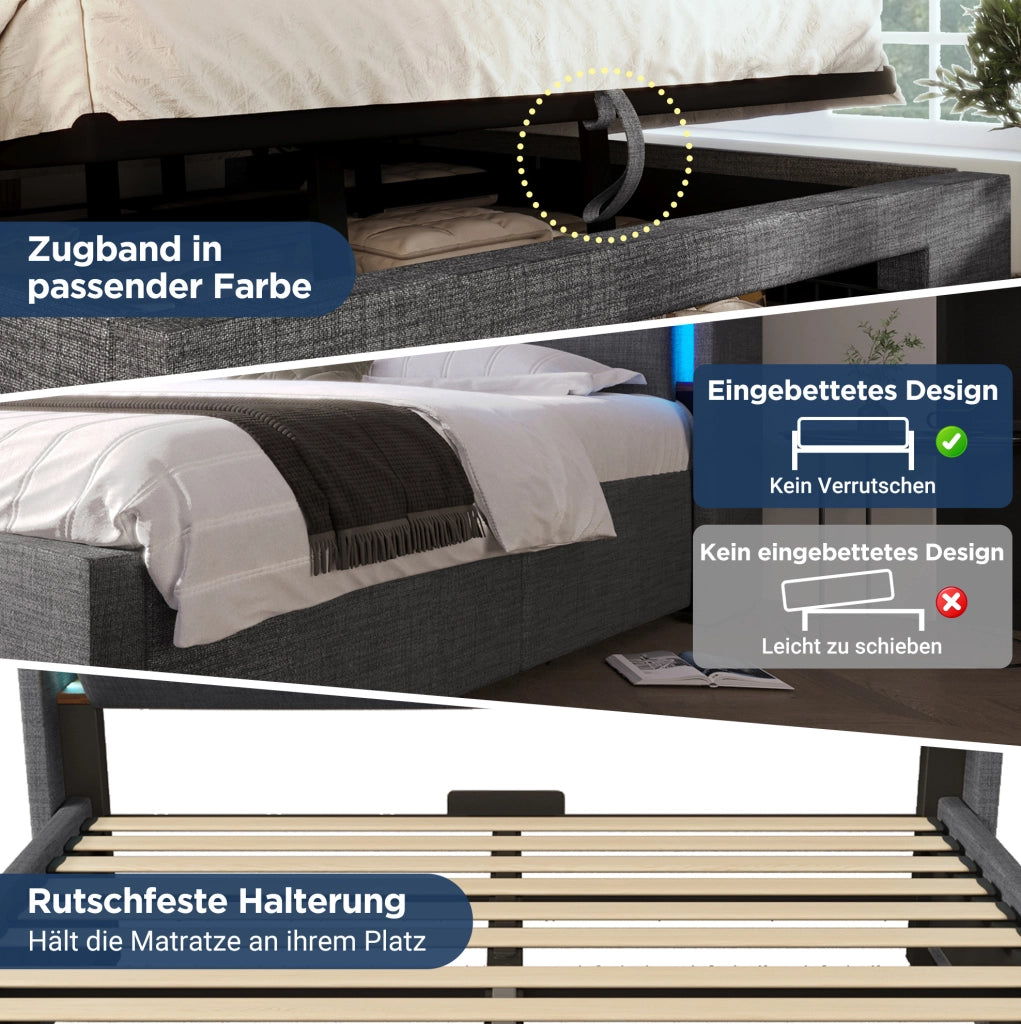 Letto imbottito 90x200 cm con contenitore idraulico, LED, USB e USB-C, grigio
