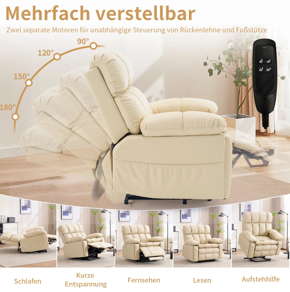 Poltrona relax elettrica con alzapersona; doppio motore; massaggio e riscaldamento; beige