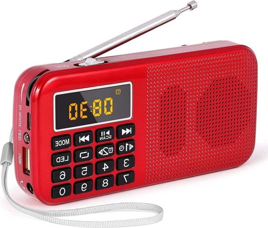 Radio Portatile con Batteria Ricaricabile - Alta Capacità (3000mAh) - Piccola Radio FM con Orologio e Alarme - Illuminazione di Emergenza - Supporto MP3 SD USB AUX