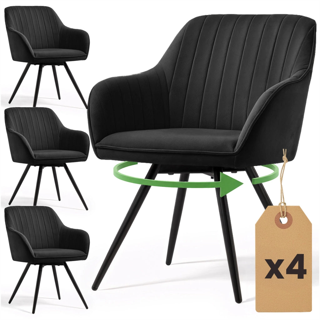 Set di 4 Sedie girevoli in velluto con cuciture TURNO Nero gambe nere